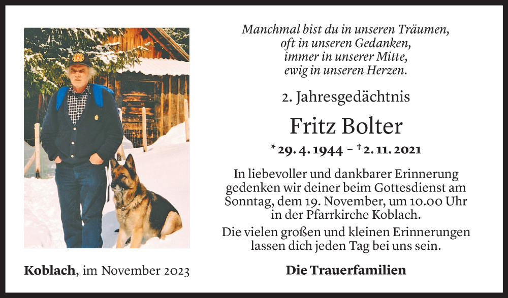  Todesanzeige für Fritz Bolter vom 14.11.2023 aus Vorarlberger Nachrichten