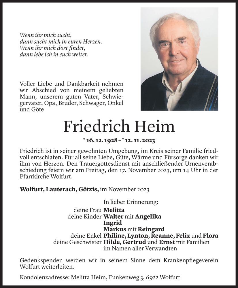  Todesanzeige für Friedrich Heim vom 15.11.2023 aus Vorarlberger Nachrichten