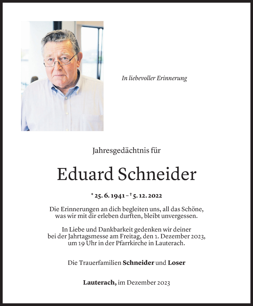  Todesanzeige für Eduard Schneider vom 28.11.2023 aus Vorarlberger Nachrichten