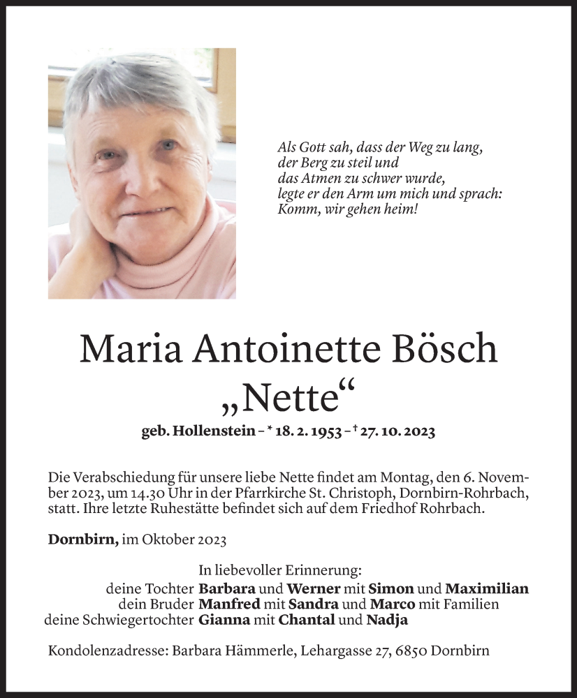  Todesanzeige für Maria Antoinette Bösch vom 03.11.2023 aus Vorarlberger Nachrichten