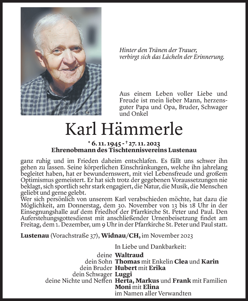  Todesanzeige für Karl Hämmerle vom 29.11.2023 aus Vorarlberger Nachrichten