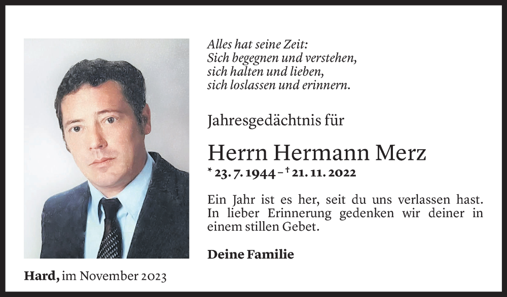  Todesanzeige für Hermann Merz vom 21.11.2023 aus Vorarlberger Nachrichten
