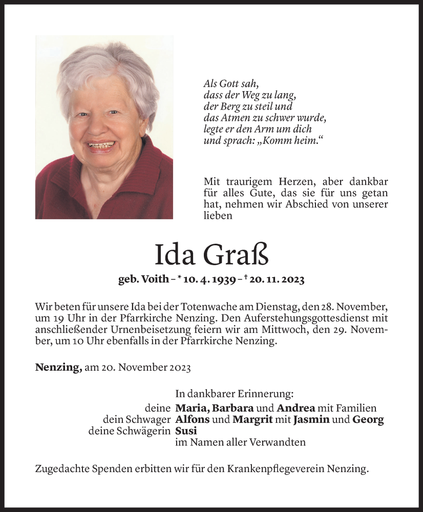  Todesanzeige für Ida Graß vom 25.11.2023 aus Vorarlberger Nachrichten