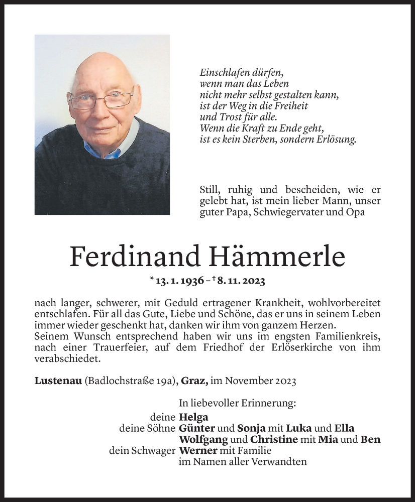  Todesanzeige für Ferdinand Hämmerle vom 15.11.2023 aus Vorarlberger Nachrichten
