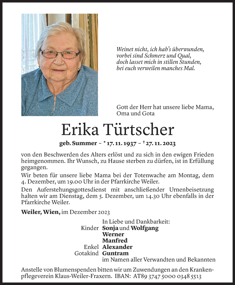  Todesanzeige für Erika Türtscher vom 02.12.2023 aus Vorarlberger Nachrichten