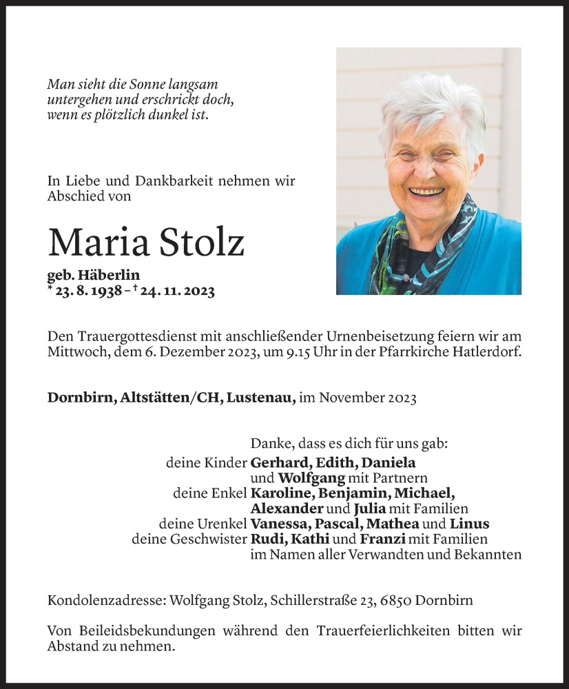  Todesanzeige für Maria Stolz vom 02.12.2023 aus Vorarlberger Nachrichten