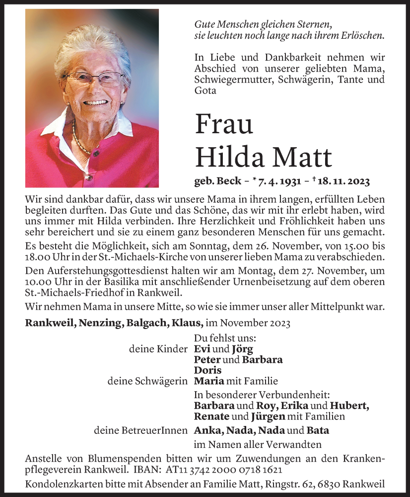  Todesanzeige für Hilda Matt vom 23.11.2023 aus Vorarlberger Nachrichten