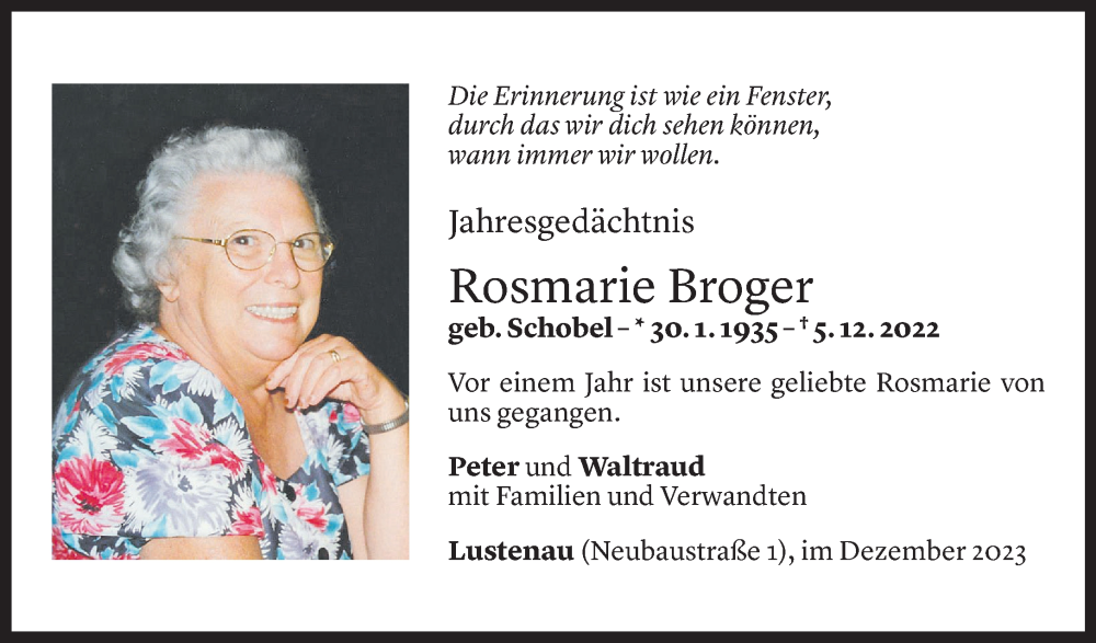  Todesanzeige für Rosmarie Broger vom 04.12.2023 aus Vorarlberger Nachrichten