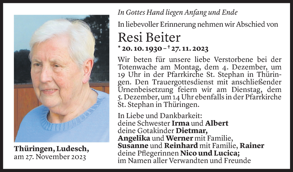  Todesanzeige für Resi Beiter vom 01.12.2023 aus Vorarlberger Nachrichten