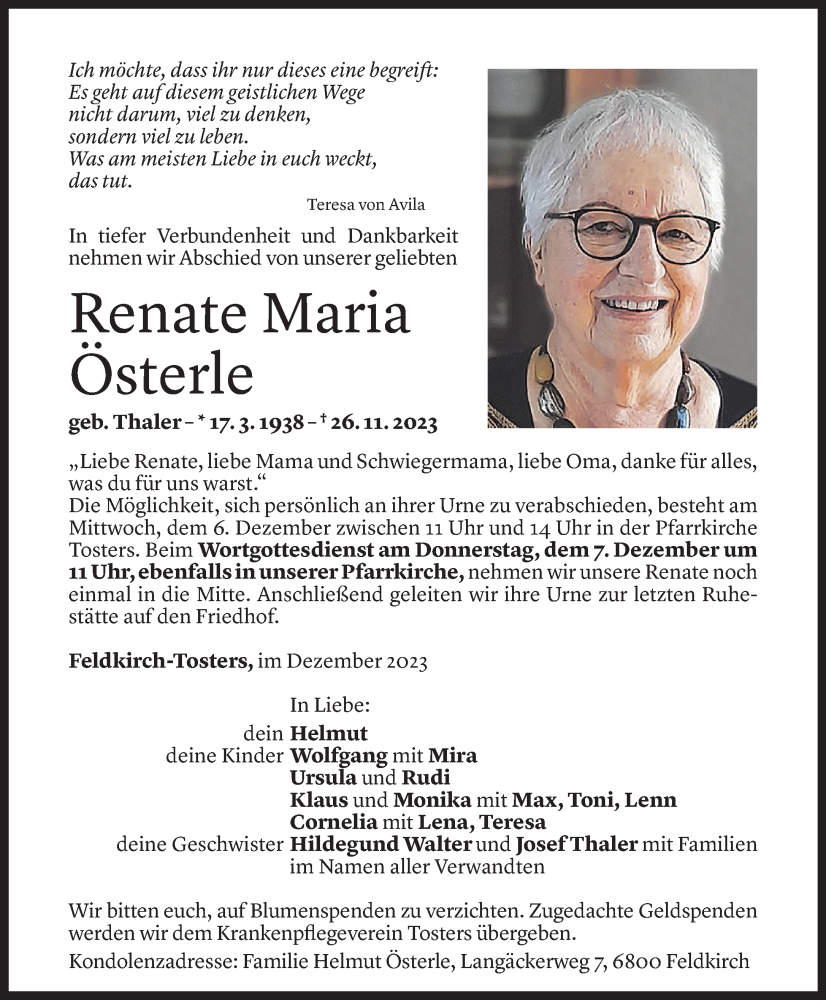  Todesanzeige für Renate Maria Österle vom 01.12.2023 aus Vorarlberger Nachrichten