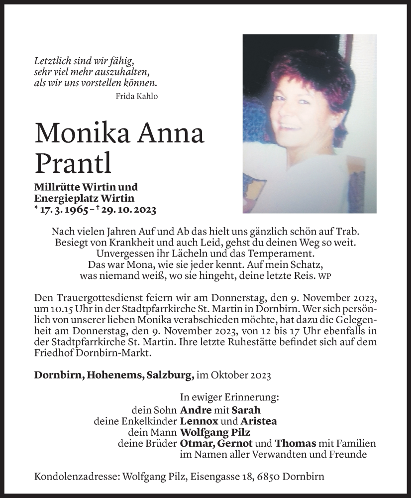  Todesanzeige für Monika Anna Prantl vom 04.11.2023 aus Vorarlberger Nachrichten