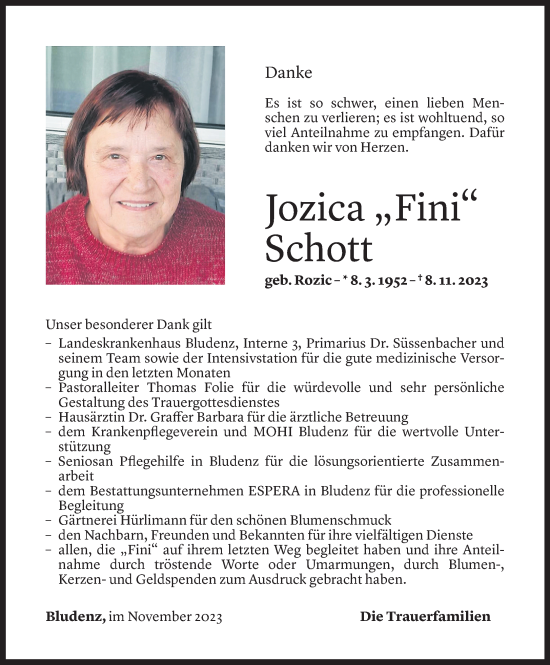 Todesanzeige von Jozica Schott von Vorarlberger Nachrichten