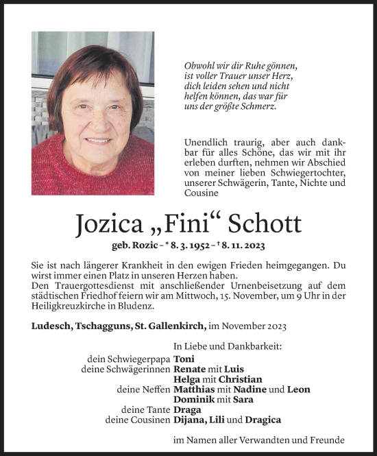 Todesanzeige von Jozica Schott von Vorarlberger Nachrichten