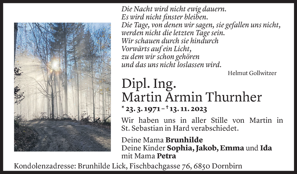  Todesanzeige für Martin Armin Thurnher vom 28.11.2023 aus Vorarlberger Nachrichten
