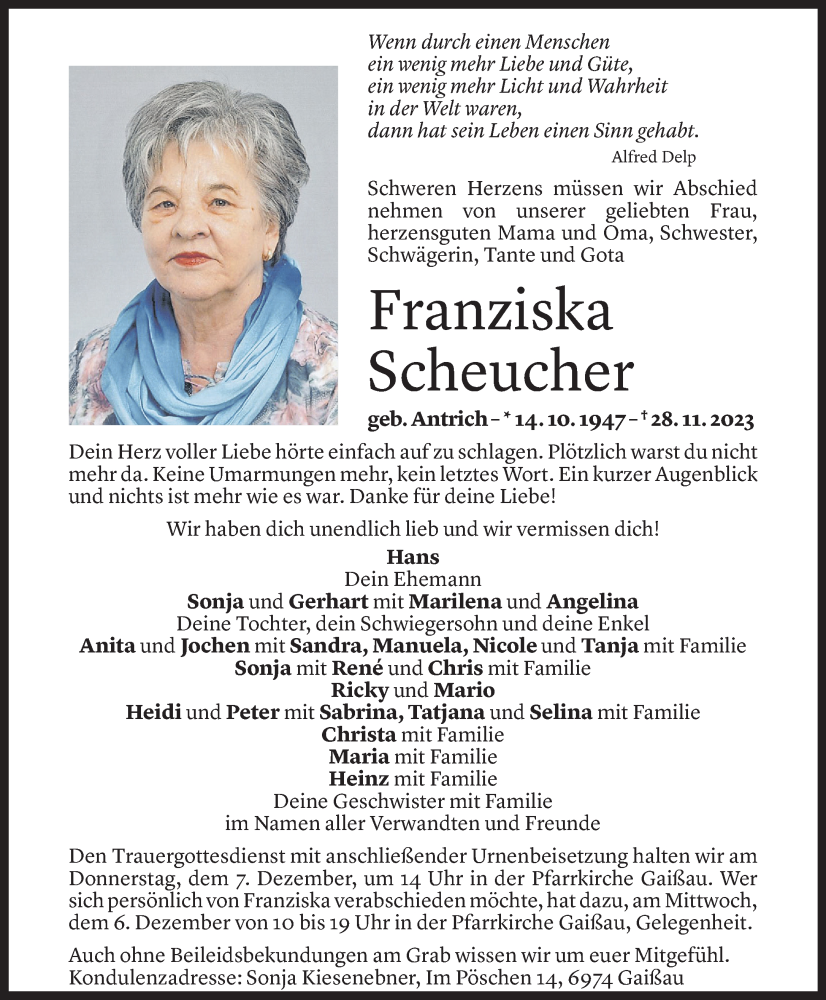  Todesanzeige für Franziska Scheucher vom 01.12.2023 aus Vorarlberger Nachrichten