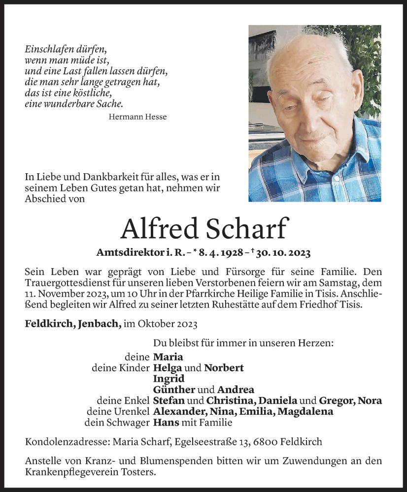  Todesanzeige für Alfred Scharf vom 08.11.2023 aus Vorarlberger Nachrichten