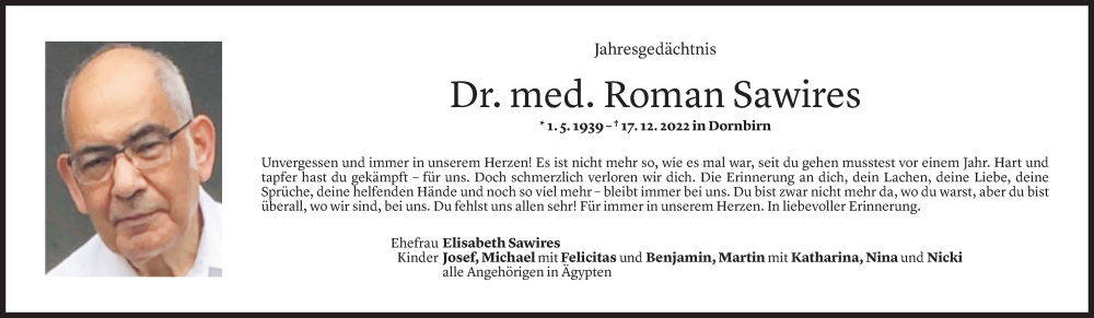  Todesanzeige für Roman Sawires vom 15.12.2023 aus Vorarlberger Nachrichten