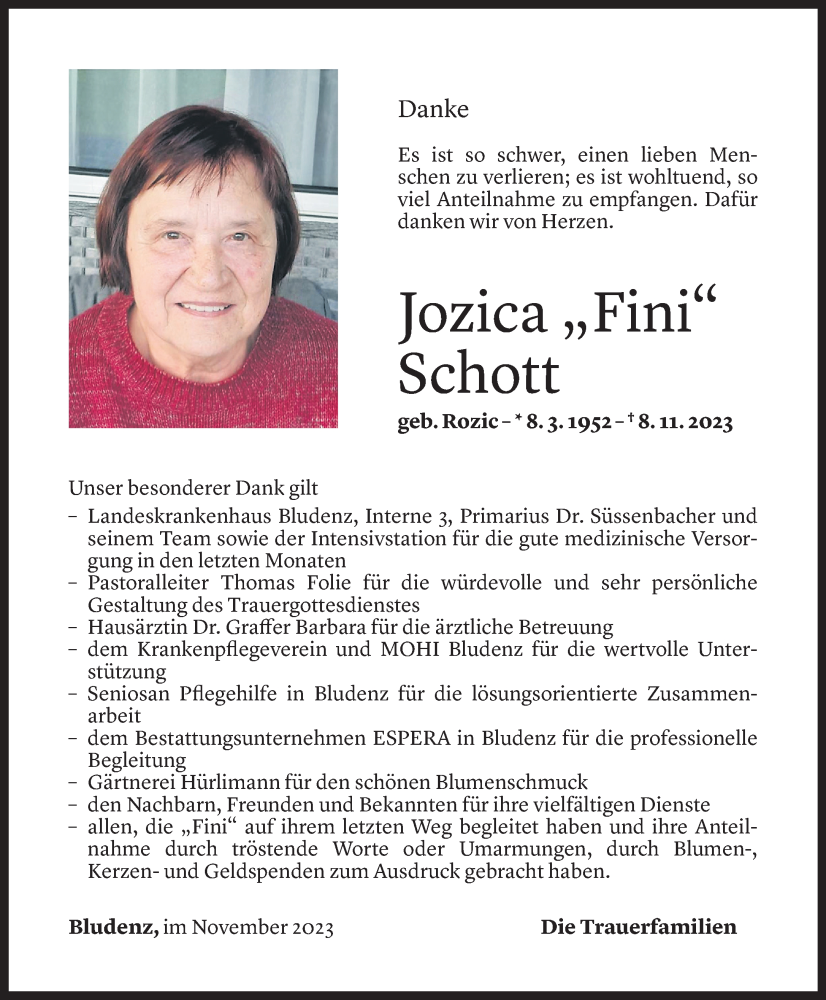 Todesanzeige für Jozica Schott vom 30.11.2023 aus Vorarlberger Nachrichten