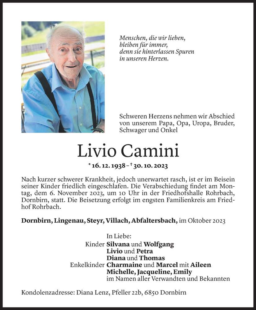  Todesanzeige für Livio Camini vom 03.11.2023 aus Vorarlberger Nachrichten