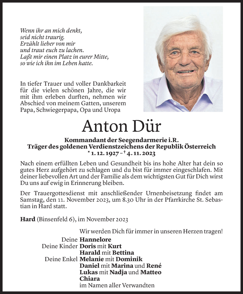  Todesanzeige für Anton Dür vom 08.11.2023 aus Vorarlberger Nachrichten