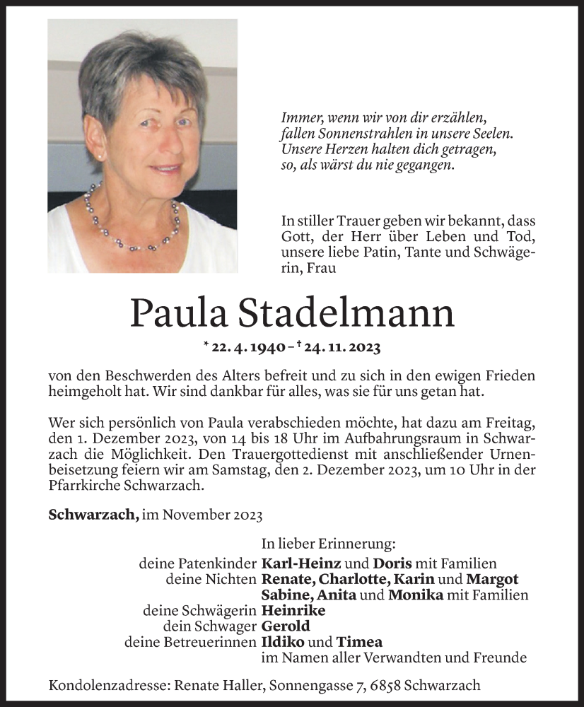  Todesanzeige für Paula Stadelmann vom 29.11.2023 aus Vorarlberger Nachrichten