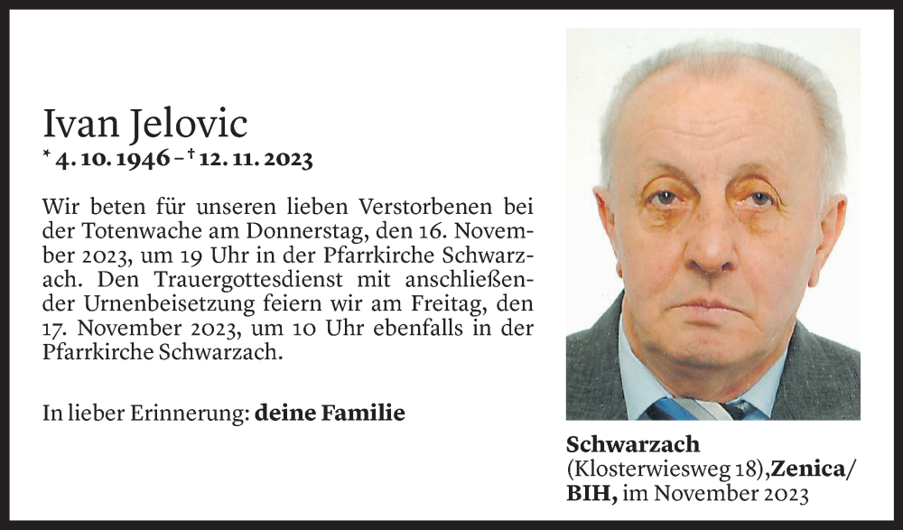  Todesanzeige für Ivan Jelovic vom 15.11.2023 aus Vorarlberger Nachrichten