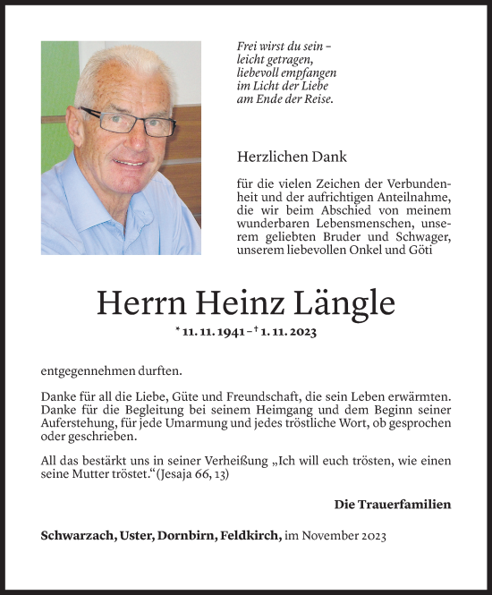 Todesanzeigen von Heinz Längle | Todesanzeigen Vorarlberger Nachrichten