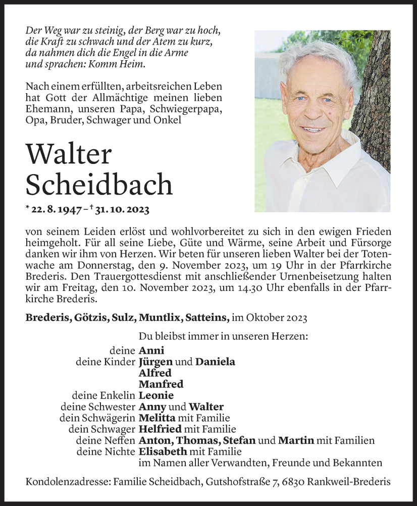  Todesanzeige für Walter Scheidbach vom 04.11.2023 aus Vorarlberger Nachrichten