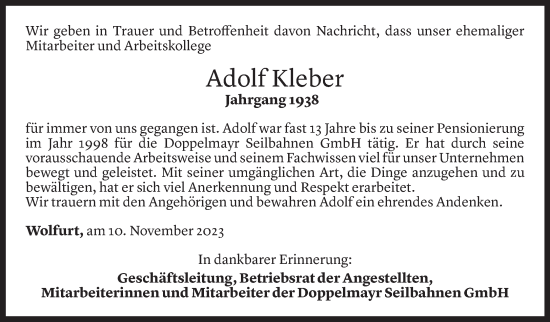 Todesanzeige von Adolf Kleber von Vorarlberger Nachrichten