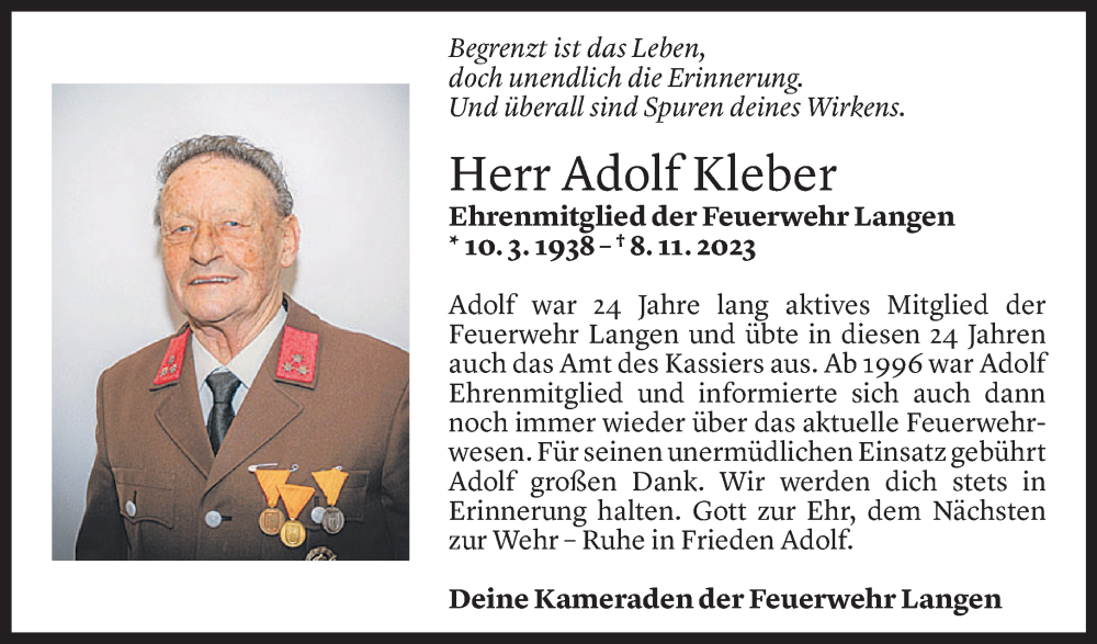  Todesanzeige für Adolf Kleber vom 10.11.2023 aus Vorarlberger Nachrichten