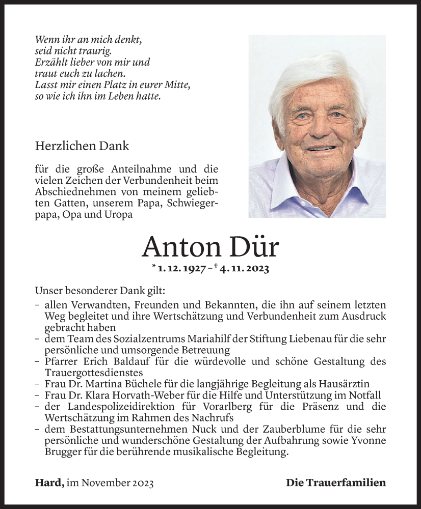  Todesanzeige für Anton Dür vom 25.11.2023 aus Vorarlberger Nachrichten