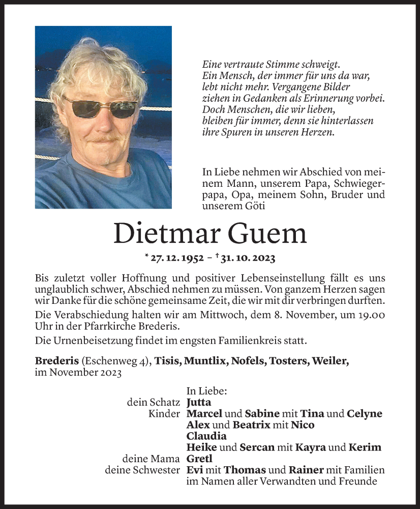  Todesanzeige für Dietmar Guem vom 04.11.2023 aus Vorarlberger Nachrichten