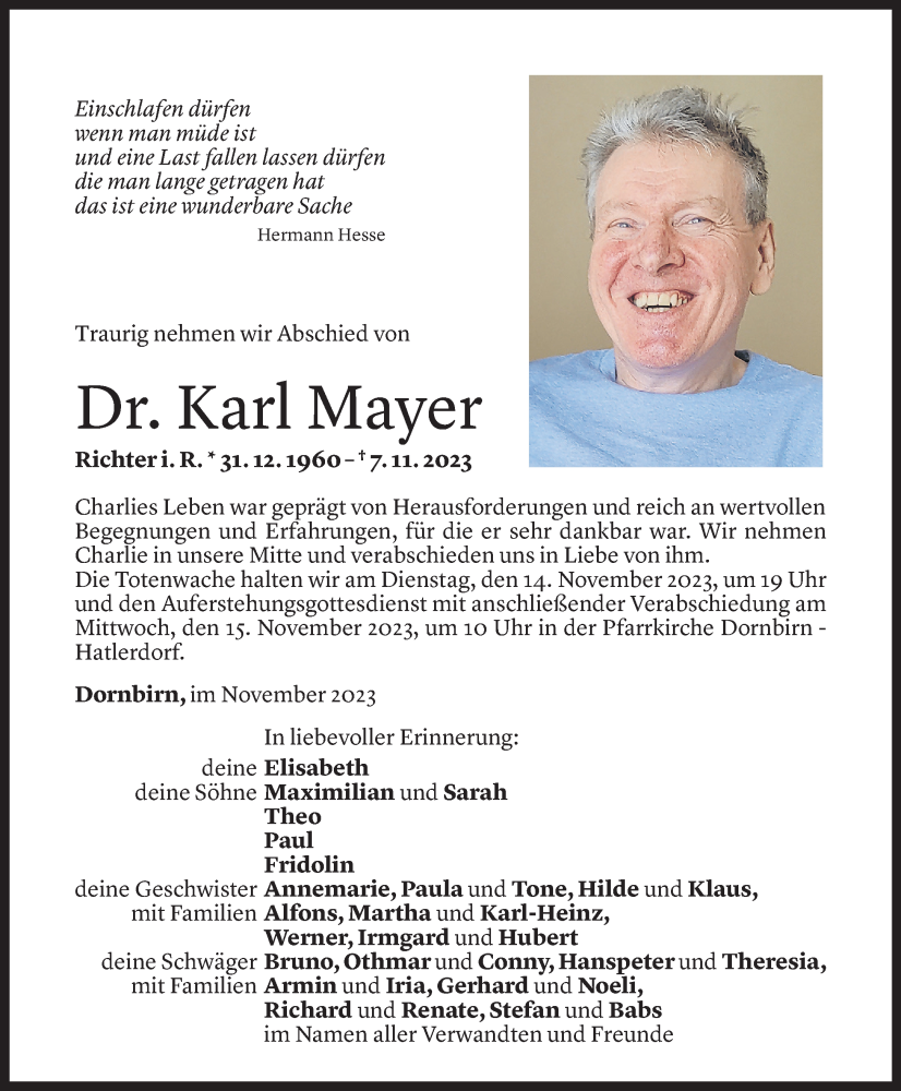  Todesanzeige für Karl Mayer vom 10.11.2023 aus Vorarlberger Nachrichten