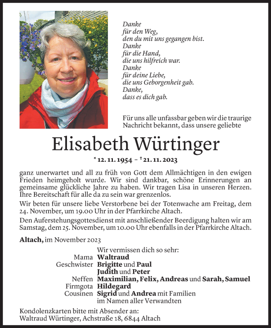 Todesanzeige von Elisabeth Würtinger von Vorarlberger Nachrichten