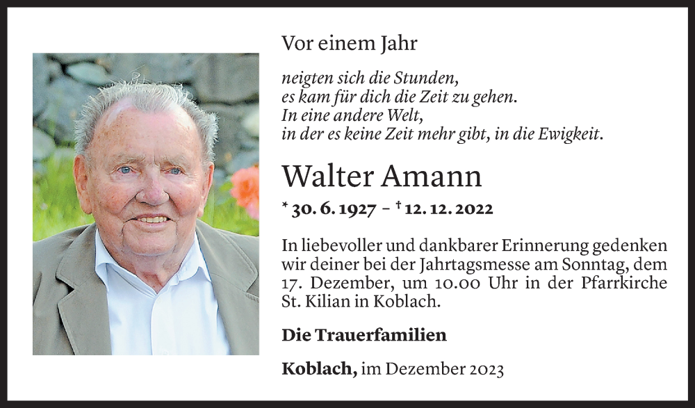  Todesanzeige für Walter Amann vom 12.12.2023 aus Vorarlberger Nachrichten