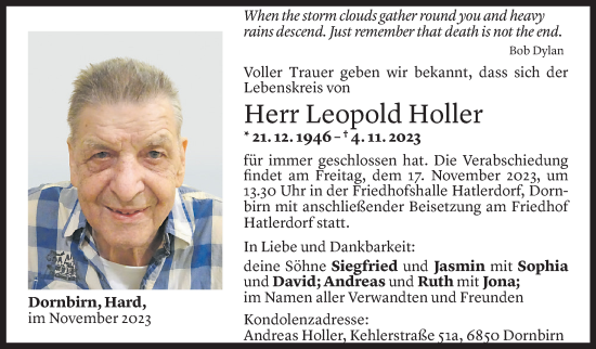 Todesanzeige von Leopold Holler von Vorarlberger Nachrichten