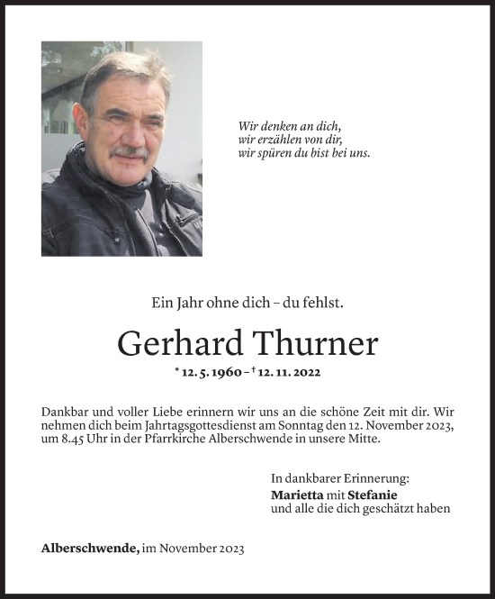 Todesanzeige von Gerhard Thurner von Vorarlberger Nachrichten