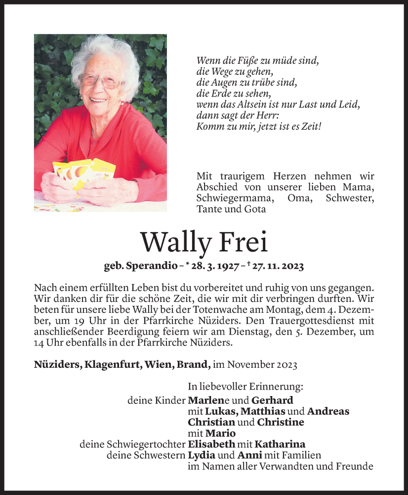  Todesanzeige für Wally Frei vom 01.12.2023 aus Vorarlberger Nachrichten