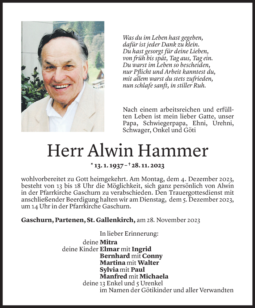 Todesanzeige für Alwin Hammer vom 02.12.2023 aus Vorarlberger Nachrichten