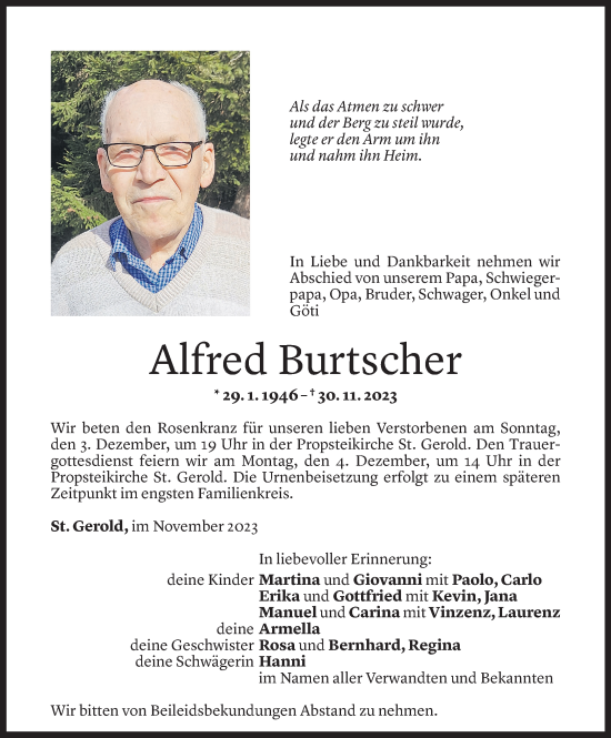 Todesanzeigen Von Alfred Burtscher Todesanzeigen Vorarlberger Nachrichten