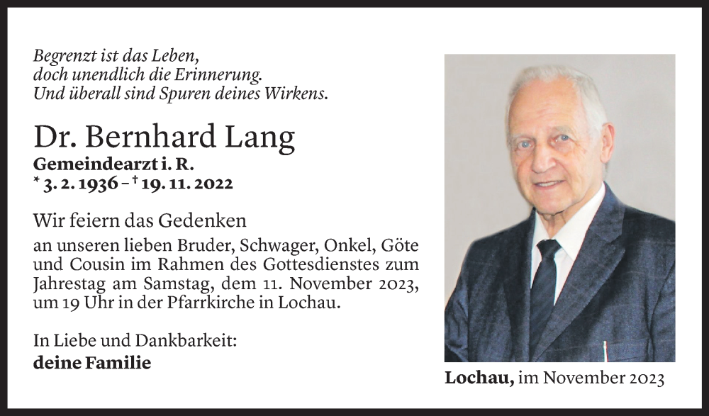  Todesanzeige für Bernhard Lang vom 09.11.2023 aus Vorarlberger Nachrichten