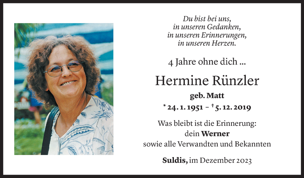  Todesanzeige für Hermine Rünzler vom 05.12.2023 aus Vorarlberger Nachrichten
