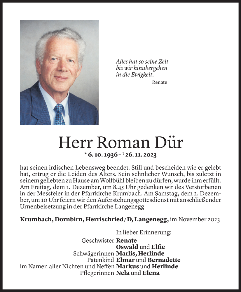  Todesanzeige für Roman Dür vom 29.11.2023 aus Vorarlberger Nachrichten