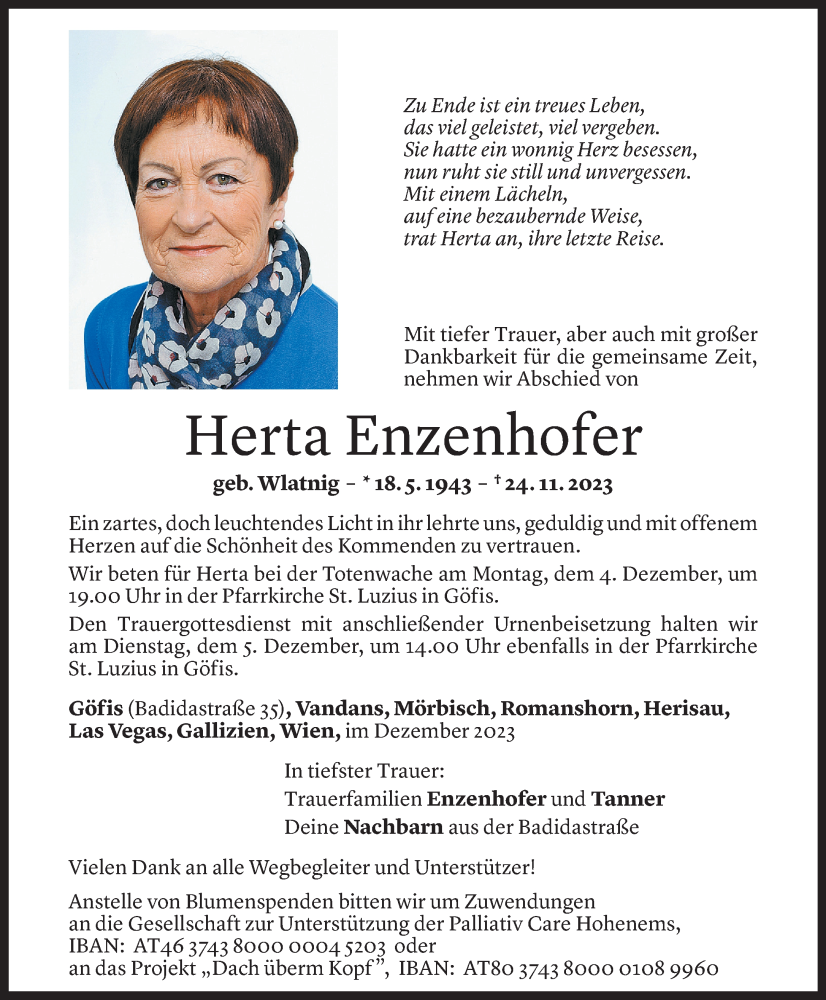  Todesanzeige für Herta Enzenhofer vom 02.12.2023 aus Vorarlberger Nachrichten