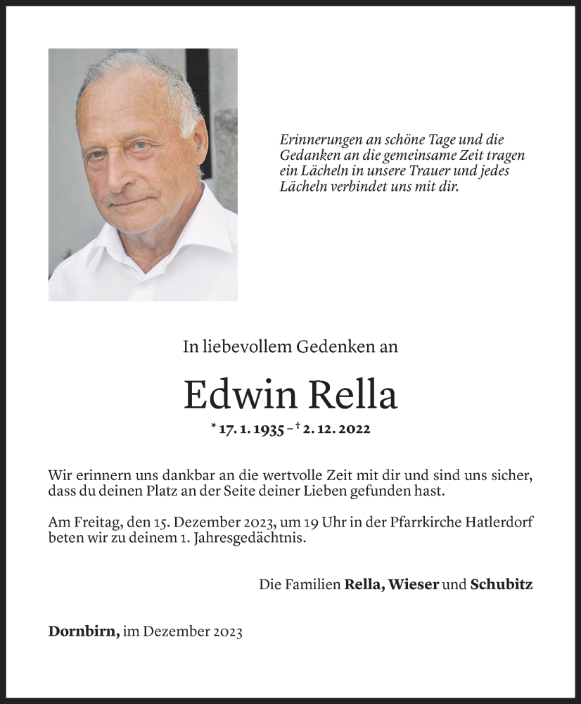  Todesanzeige für Edwin Rella vom 02.12.2023 aus Vorarlberger Nachrichten