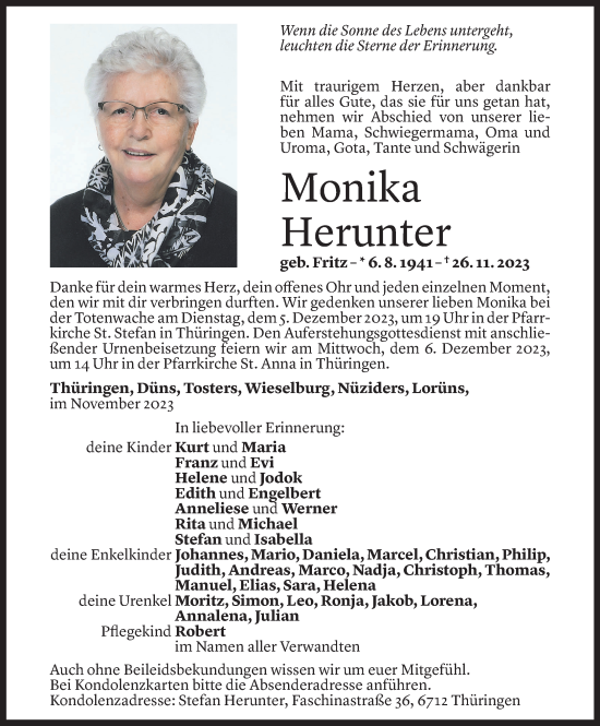 Todesanzeige von Monika Herunter von Vorarlberger Nachrichten