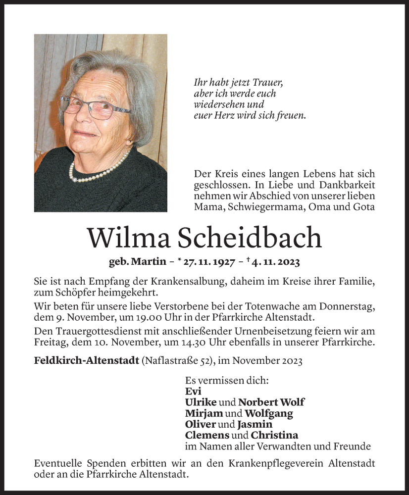  Todesanzeige für Wilma Scheidbach vom 07.11.2023 aus Vorarlberger Nachrichten