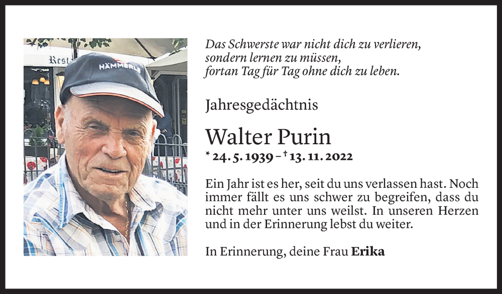  Todesanzeige für Walter Purin vom 12.11.2023 aus Vorarlberger Nachrichten