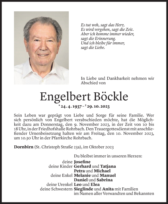 Todesanzeigen Von Engelbert B Ckle Todesanzeigen Vorarlberger Nachrichten