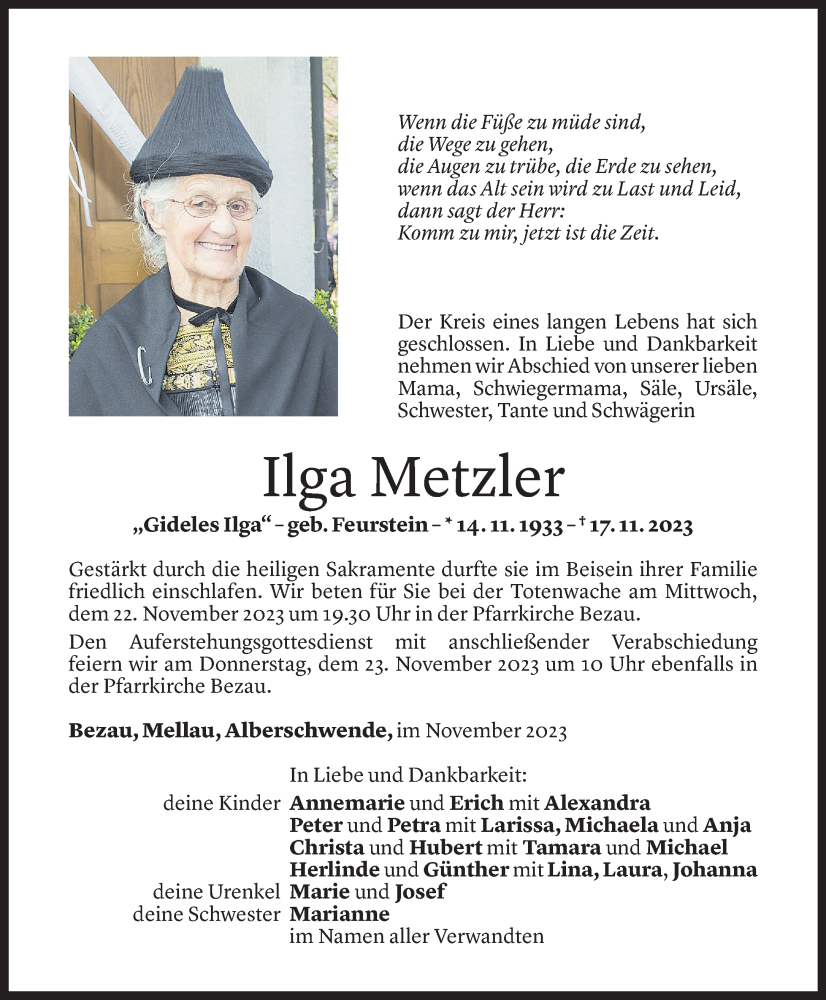  Todesanzeige für Ilga Metzler vom 21.07.2023 aus Vorarlberger Nachrichten